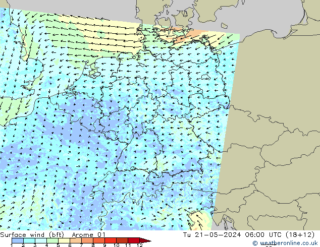 Vent 10 m (bft) Arome 01 mar 21.05.2024 06 UTC