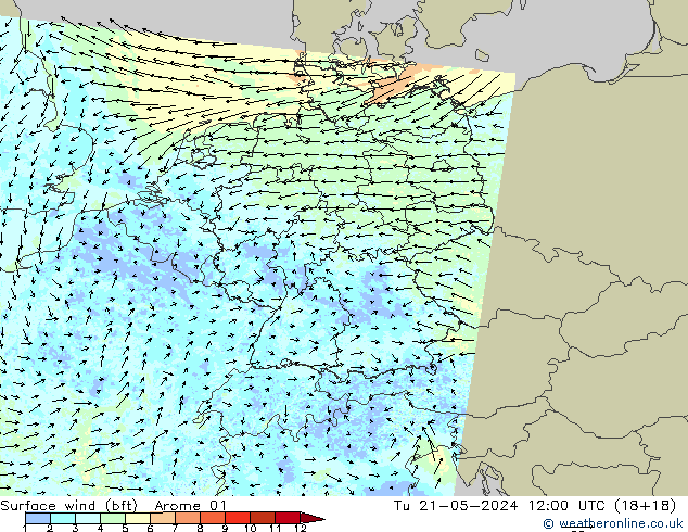 Surface wind (bft) Arome 01 Tu 21.05.2024 12 UTC