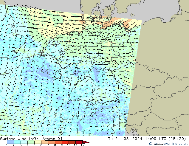 Wind 10 m (bft) Arome 01 di 21.05.2024 14 UTC