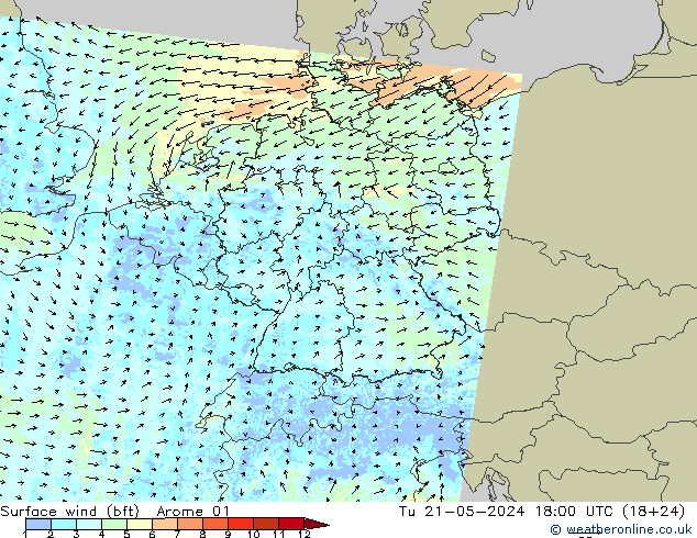 Viento 10 m (bft) Arome 01 mar 21.05.2024 18 UTC