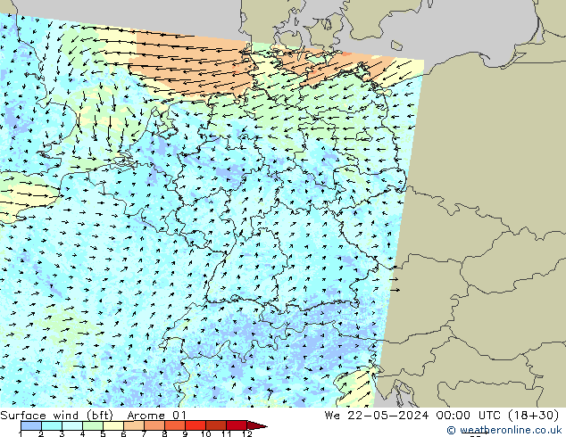 Surface wind (bft) Arome 01 St 22.05.2024 00 UTC