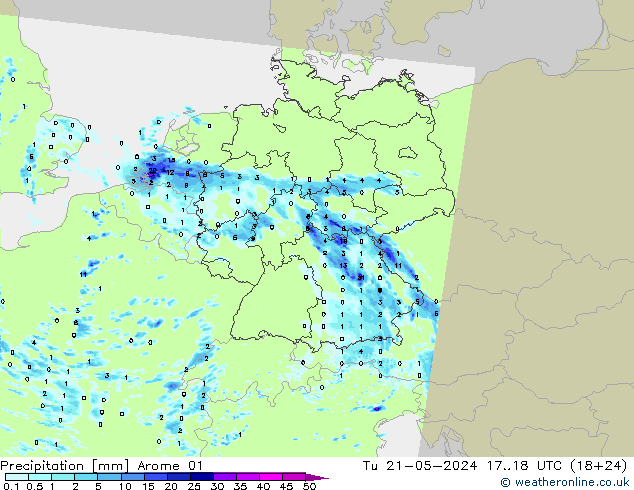 Neerslag Arome 01 di 21.05.2024 18 UTC