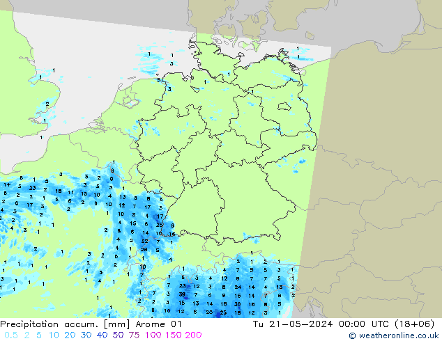 Precipitation accum. Arome 01 wto. 21.05.2024 00 UTC