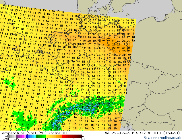 Temperatura (2m) Arome 01 Qua 22.05.2024 00 UTC