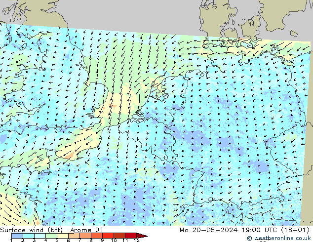 Surface wind (bft) Arome 01 Mo 20.05.2024 19 UTC