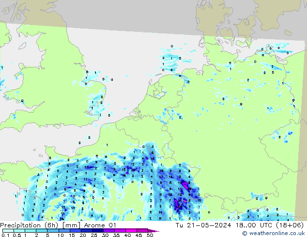 Precipitation (6h) Arome 01 Út 21.05.2024 00 UTC