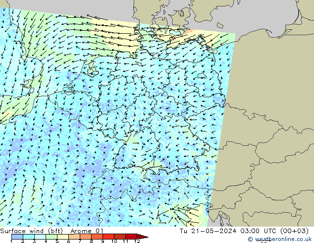 Bodenwind (bft) Arome 01 Di 21.05.2024 03 UTC