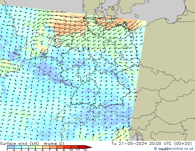 Rüzgar 10 m (bft) Arome 01 Sa 21.05.2024 20 UTC