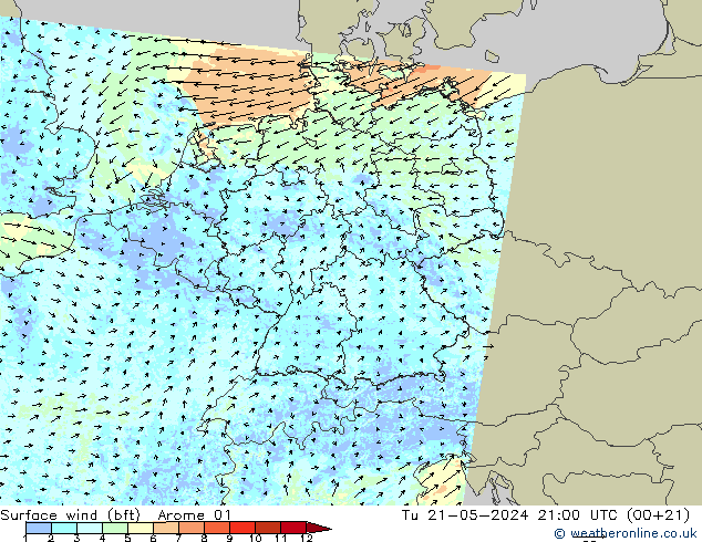 Surface wind (bft) Arome 01 Tu 21.05.2024 21 UTC