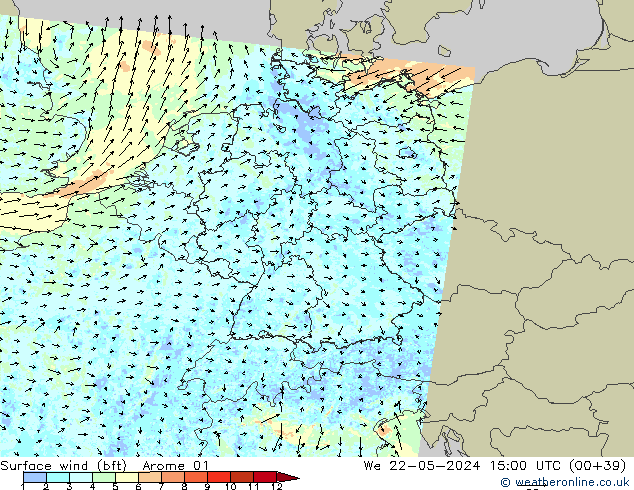 Surface wind (bft) Arome 01 We 22.05.2024 15 UTC