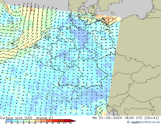 wiatr 10 m (bft) Arome 01 śro. 22.05.2024 18 UTC