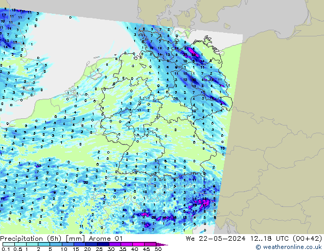 Precipitation (6h) Arome 01 We 22.05.2024 18 UTC