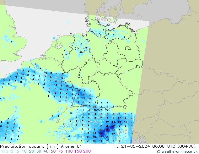 Precipitation accum. Arome 01 星期二 21.05.2024 06 UTC