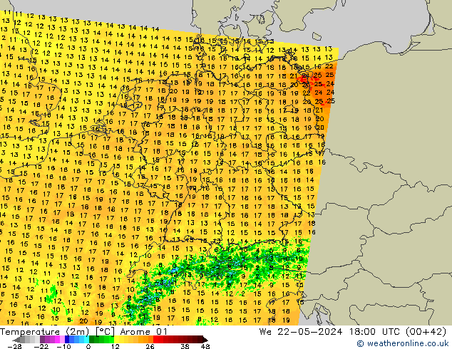 Temperatuurkaart (2m) Arome 01 wo 22.05.2024 18 UTC