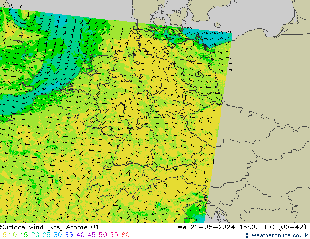 Surface wind Arome 01 We 22.05.2024 18 UTC