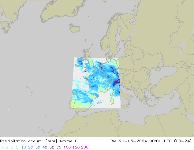Precipitation accum. Arome 01 ср 22.05.2024 00 UTC