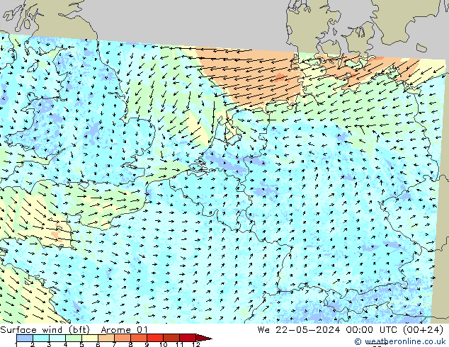 Wind 10 m (bft) Arome 01 wo 22.05.2024 00 UTC