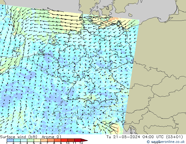 Wind 10 m (bft) Arome 01 di 21.05.2024 04 UTC