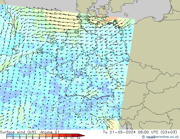 Bodenwind (bft) Arome 01 Di 21.05.2024 06 UTC