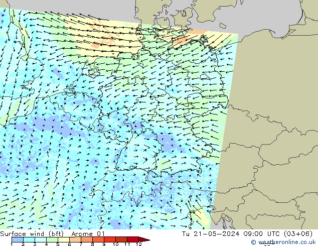 Wind 10 m (bft) Arome 01 di 21.05.2024 09 UTC