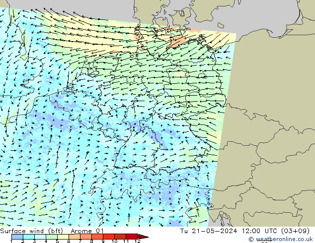 wiatr 10 m (bft) Arome 01 wto. 21.05.2024 12 UTC
