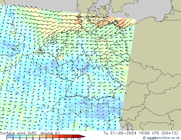wiatr 10 m (bft) Arome 01 wto. 21.05.2024 15 UTC