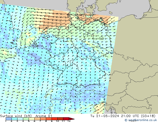 Surface wind (bft) Arome 01 Út 21.05.2024 21 UTC