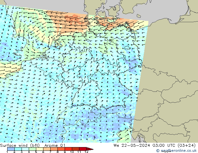 wiatr 10 m (bft) Arome 01 śro. 22.05.2024 03 UTC