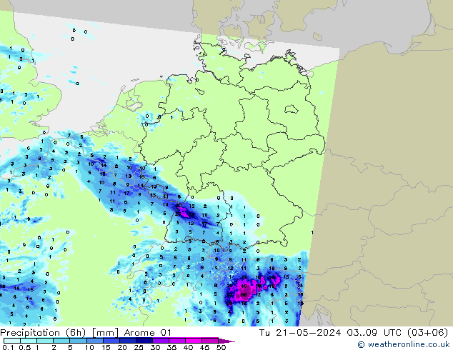 降水量 (6h) Arome 01 星期二 21.05.2024 09 UTC