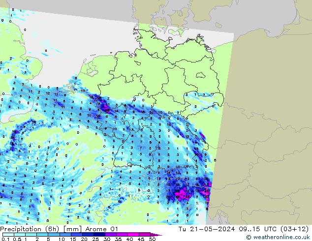 Precipitação (6h) Arome 01 Ter 21.05.2024 15 UTC