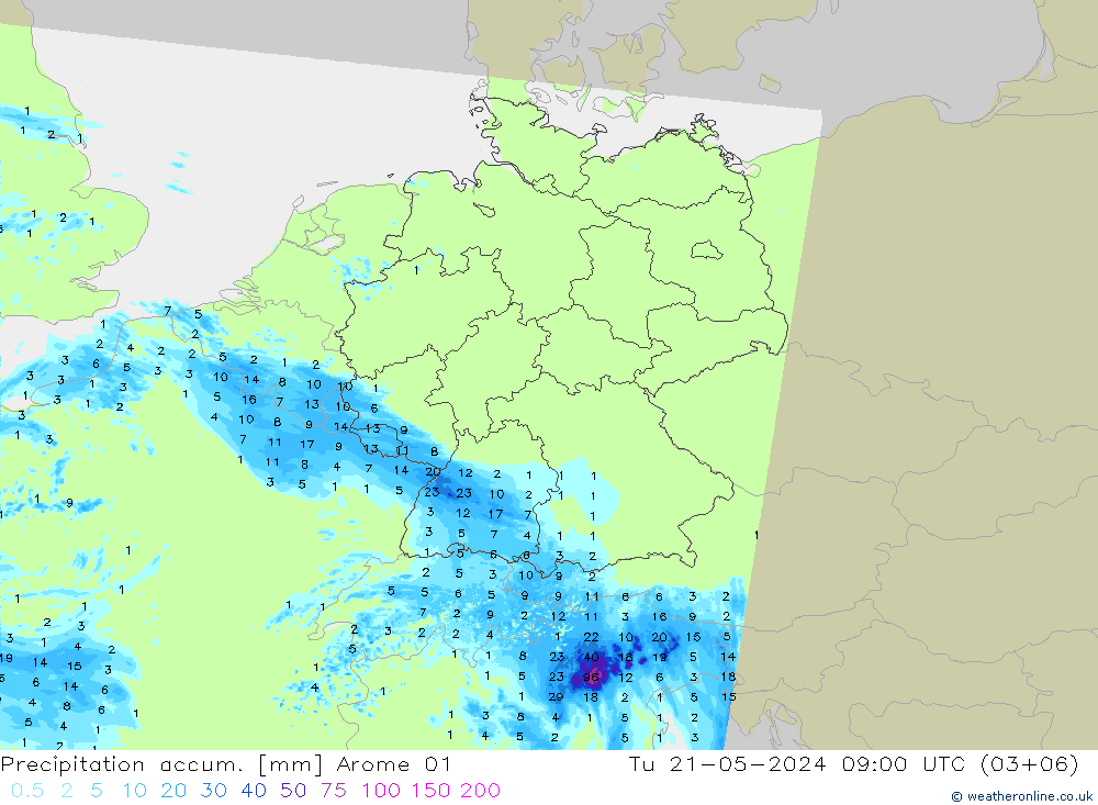 Precipitation accum. Arome 01 星期二 21.05.2024 09 UTC