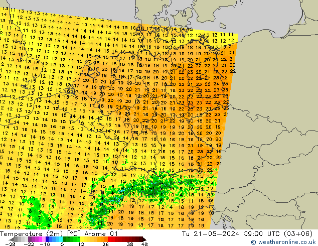 Temperaturkarte (2m) Arome 01 Di 21.05.2024 09 UTC