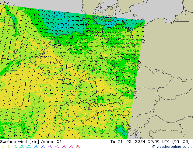 风 10 米 Arome 01 星期二 21.05.2024 09 UTC