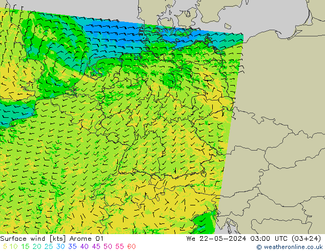 Surface wind Arome 01 We 22.05.2024 03 UTC