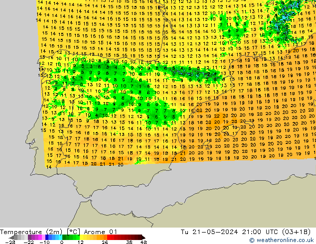 Temperatuurkaart (2m) Arome 01 di 21.05.2024 21 UTC