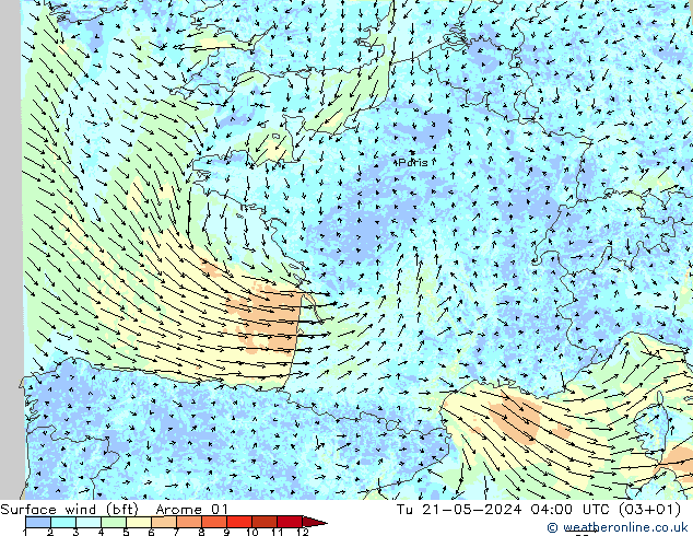 Surface wind (bft) Arome 01 Út 21.05.2024 04 UTC
