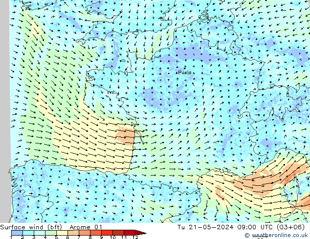 Surface wind (bft) Arome 01 Tu 21.05.2024 09 UTC