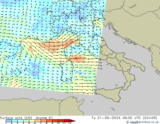 Wind 10 m (bft) Arome 01 di 21.05.2024 09 UTC