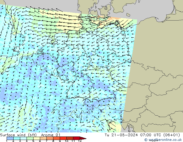 Wind 10 m (bft) Arome 01 di 21.05.2024 07 UTC