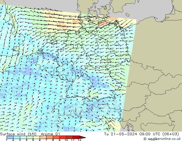 Rüzgar 10 m (bft) Arome 01 Sa 21.05.2024 09 UTC