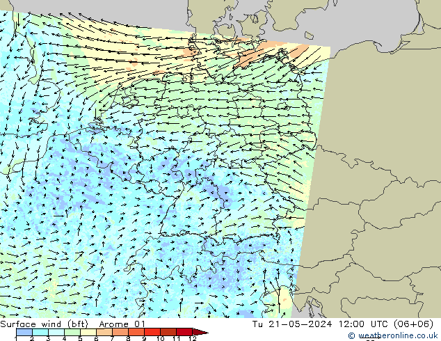 Surface wind (bft) Arome 01 Út 21.05.2024 12 UTC