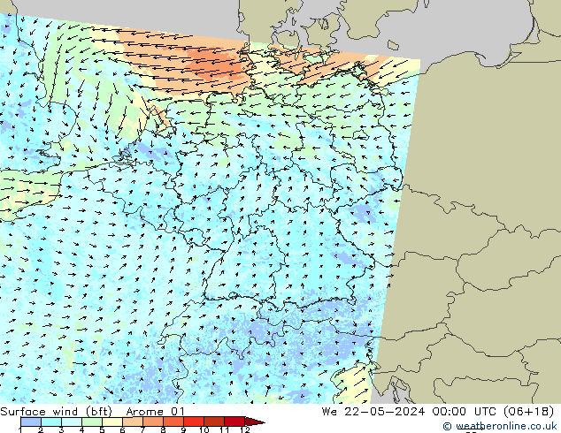 wiatr 10 m (bft) Arome 01 śro. 22.05.2024 00 UTC