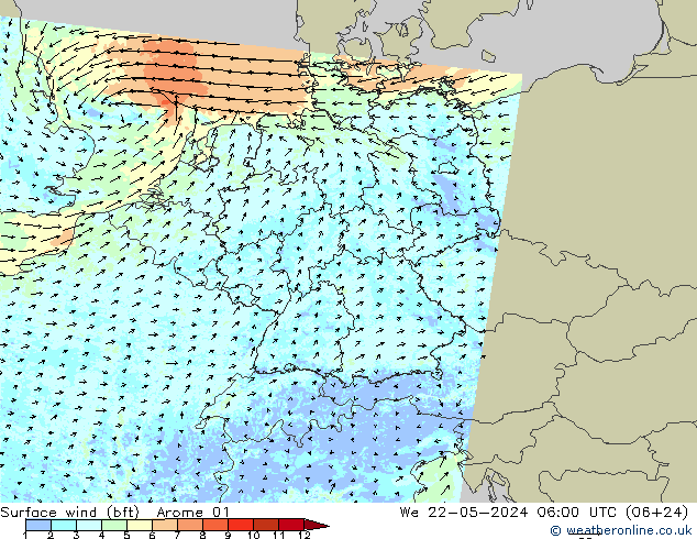 Surface wind (bft) Arome 01 St 22.05.2024 06 UTC