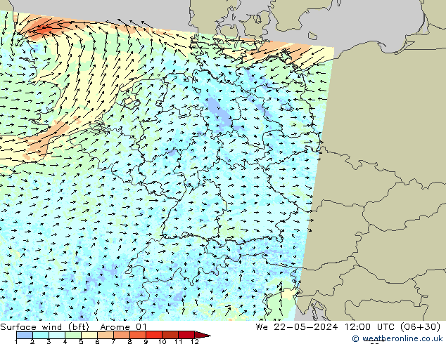 Wind 10 m (bft) Arome 01 wo 22.05.2024 12 UTC