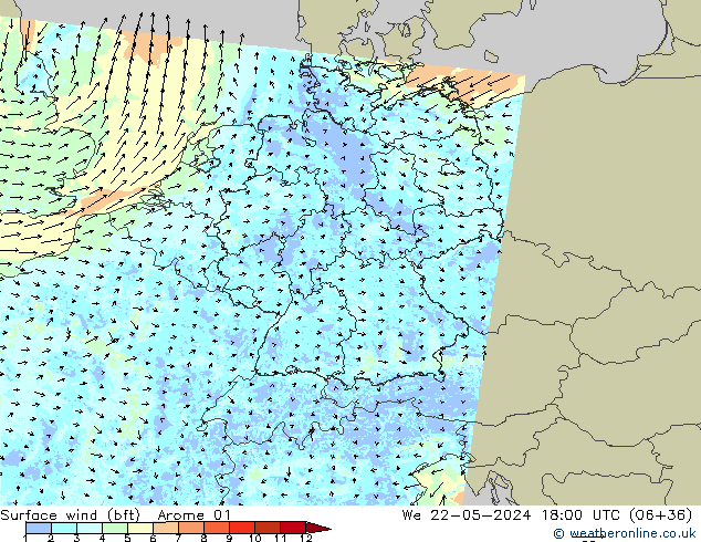 Surface wind (bft) Arome 01 We 22.05.2024 18 UTC