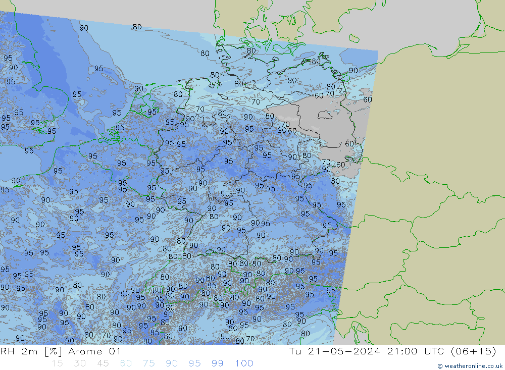 Humidité rel. 2m Arome 01 mar 21.05.2024 21 UTC