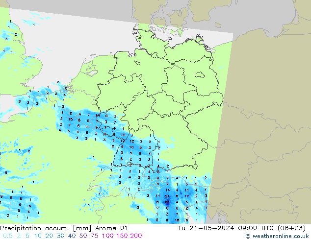 Totale neerslag Arome 01 di 21.05.2024 09 UTC