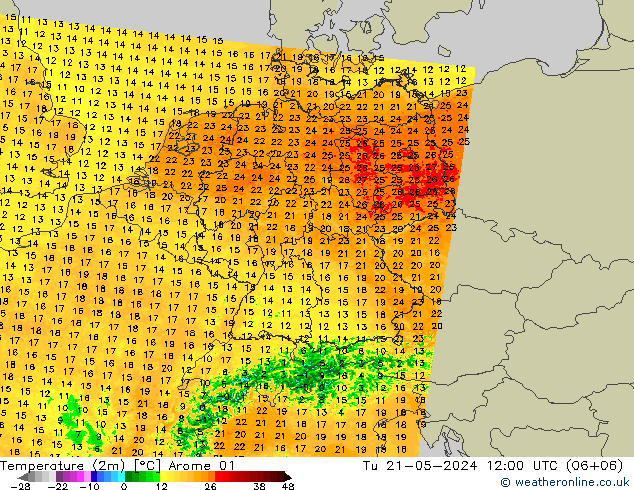 Temperature (2m) Arome 01 Tu 21.05.2024 12 UTC