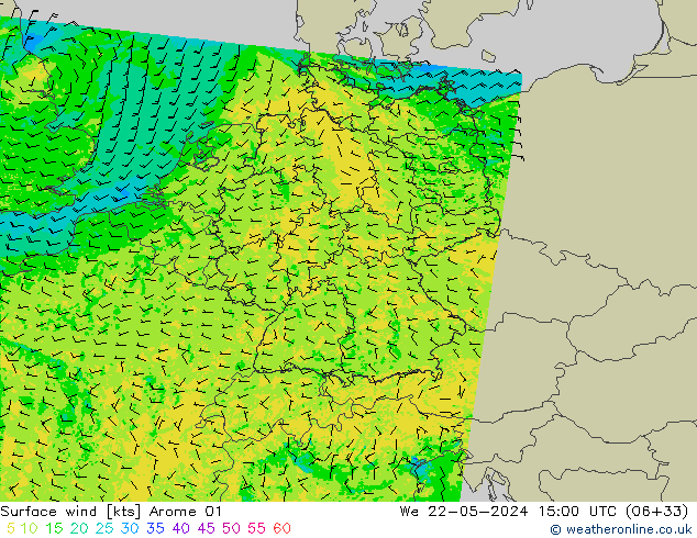 ветер 10 m Arome 01 ср 22.05.2024 15 UTC