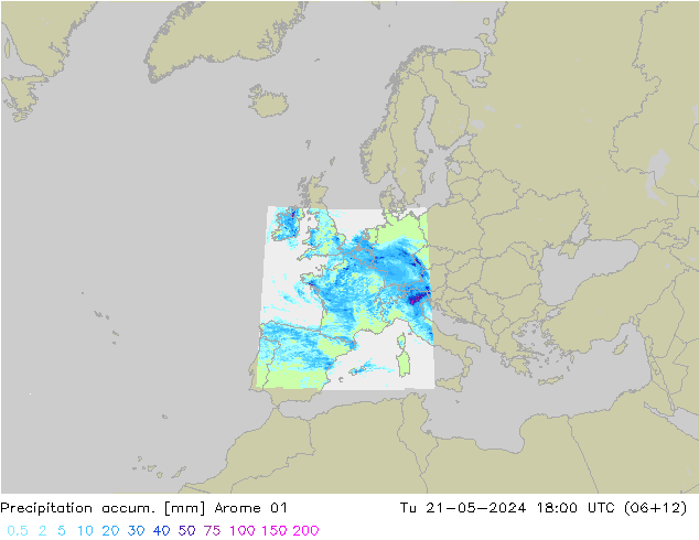 Precipitation accum. Arome 01 Tu 21.05.2024 18 UTC